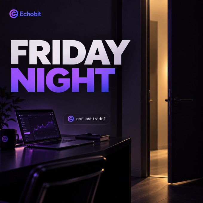 Echobit promotional image with 'FRIDAY NIGHT' in bold white and purple text over a moody scene of a laptop showing trading charts on a dark desk, with the caption 'one last trade?'.
