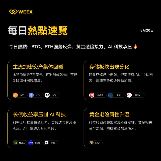 Chinese-language daily crypto market summary from 'WEEY' dated August 20, covering BTC, ETH rebounds, gold safe-haven demand, AI tech pressure, and highlighting tickers BTC, ETH, SOL, SNDK, MU, SKHY, NVDA, QQQ, AMD, and XAUT.