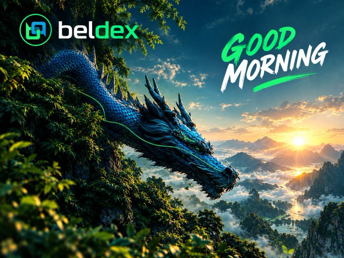 A fantasy landscape featuring a blue dragon's head emerging from foliage overlooking mountains at sunrise, branded with the 'beldex' logo and a stylized 'Good Morning' graphic.