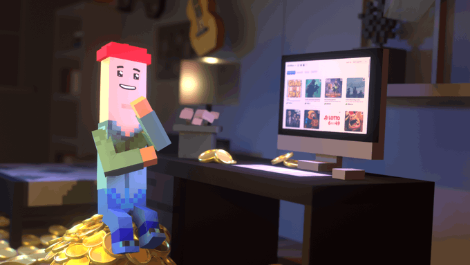 A Minecraft-style voxel character stands next to a desk with a computer monitor displaying artwork, surrounded by piles of gold coins in a dimly lit room.