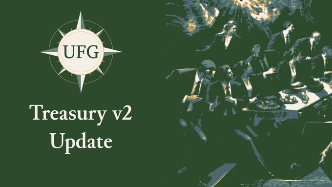 A graphic with a dark green background features a compass logo with 'UFG' in the center, alongside the text 'Treasury v2 Update' and a stylized, vintage illustration of men in suits at a dinner table.