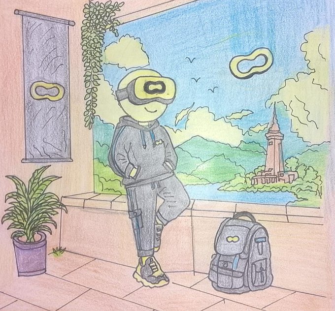 Hand-drawn colored pencil illustration of a yellow-skinned character wearing a VR headset and hoodie, standing on a balcony overlooking a lake with a tower.