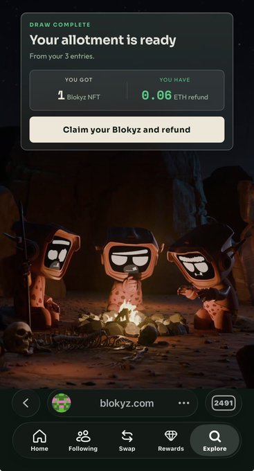 A mobile screenshot from blokyz.com showing a 'DRAW COMPLETE' message stating 'Your allotment is ready' with a '1 Blokyz NFT' won and a 0.06 ETH refund, displayed above three cartoon NFT characters sitting around a campfire.