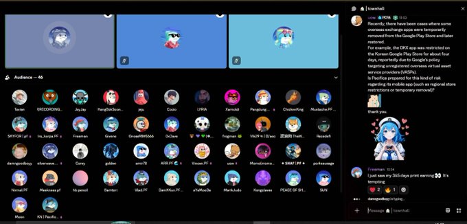 A screenshot of a Twitch livestream interface showing an audience list of 46 viewers and a chat discussing apps being removed from the Google Play Store, with a blue-haired anime avatar in the chat.
