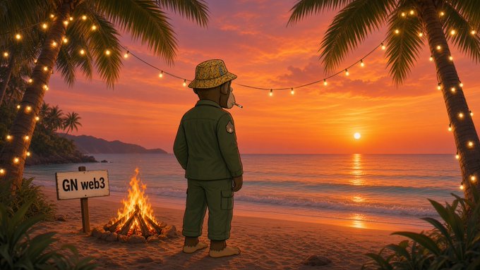 An illustration of a cartoon character in a green outfit and bucket hat smoking by a beach campfire at sunset, with a sign reading 'GN web3'.