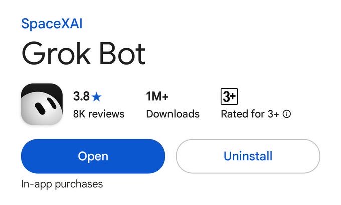 The image shows the Google Play Store listing for "SpaceXAI Grok Bot" with a 3.8 star rating, 8K reviews, and over 1M downloads, marked as "Rated for 3+". This supports the post highlighting the rapid achievement of 1M+ downloads in approximately one month, indicating notable traction for the Grok Bot app.