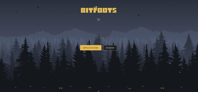 A dark pixel-art styled landing page for "BitFoots" featuring a forest silhouette background and buttons labeled "APPLICATIONS" and "STATOUS".