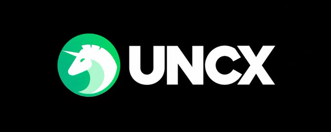 Logo for 'UNCX' featuring a green circle with a white unicorn head profile next to the white text on a black background.