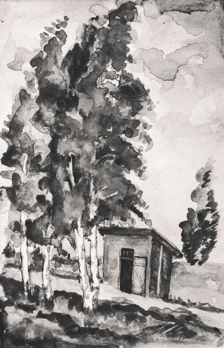 A black and white ink wash painting depicting tall, leafy trees beside a small building with a door, with handwritten text in the upper right corner.