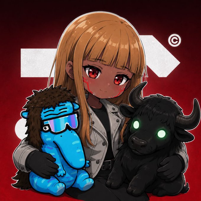An anime-style illustration of a girl with red eyes and a bloody face holding a blue furry creature with sunglasses and a black bull-like creature with glowing green eyes.