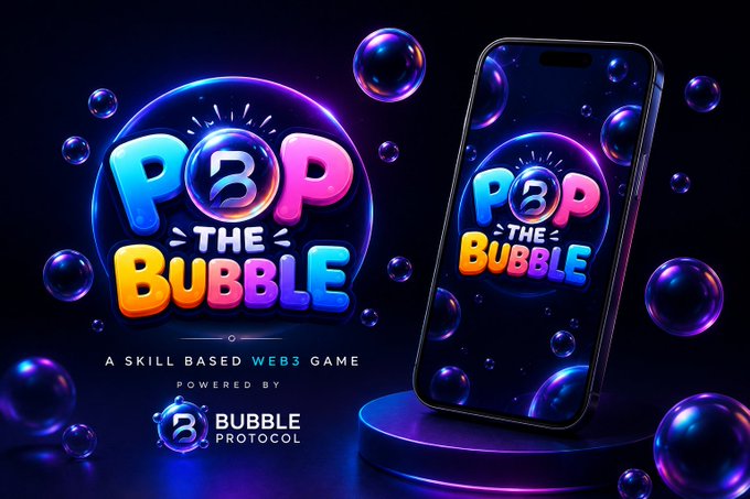 Promotional graphic for 'POP THE BUBBLE,' a skill-based Web3 game powered by Bubble Protocol, displayed with floating bubbles and a smartphone mockup.