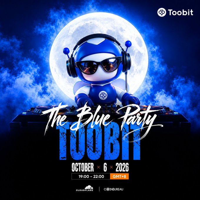Promotional poster for 'The Blue Party' by Toobit, featuring a blue DJ mascot with headphones in front of a full moon, with event details for October 6, 2026, 19:00-22:00 GMT+8, sponsored by Cloudflare and Coin Bureau.