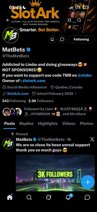 A Twitter/X profile page for MatBets (@TheMatBets), a social media influencer from Quebec, Canada, with 2.9K followers and a pinned post celebrating nearing 3K followers.