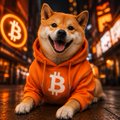 An illustrated Shiba Inu dog wearing an orange hoodie with a Bitcoin 'B' symbol, sitting in a neon-lit cryptocurrency trading environment.