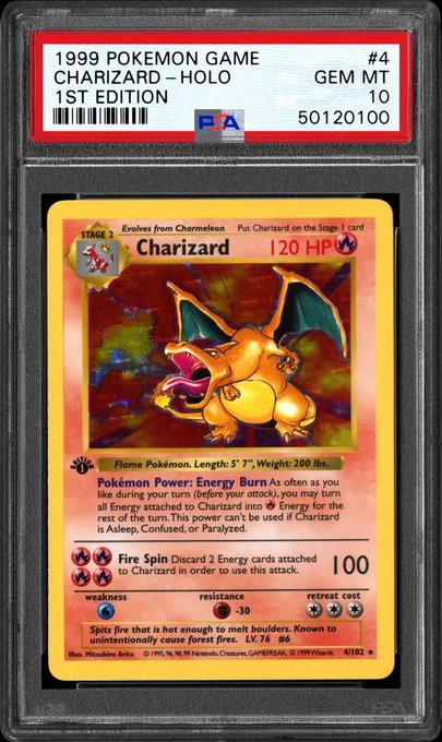 A PSA Gem Mint 10 graded 1999 Pokemon Game Charizard Holo 1st Edition card (#4, cert #50120100) is displayed in its protective slab, showcasing the iconic Fire Spin Pokémon with 120 HP. This pristine collectible directly illustrates the post's comparison, representing the tangible value of a graded Charizard against the volatile alternative of 5 Bitcoin.