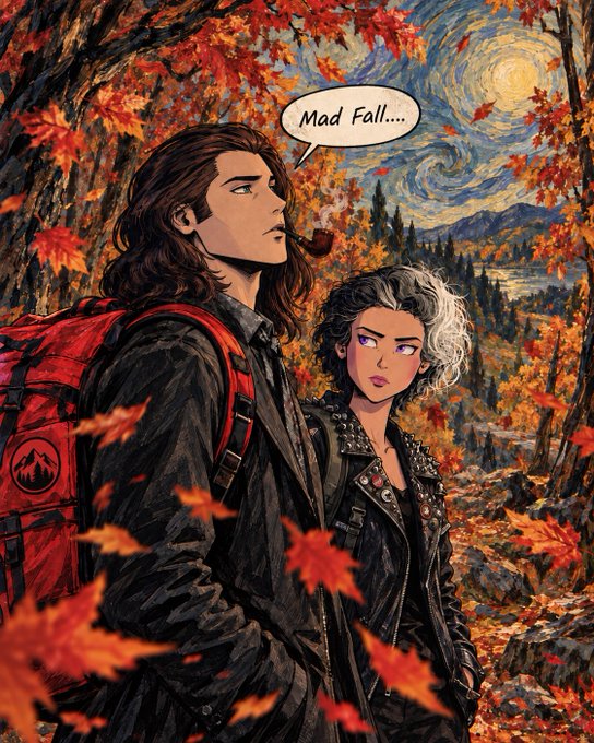 A moody, illustrated comic-style image shows a long-haired man with a red backpack and a smoking pipe alongside a punk-styled woman with half-grey hair, both set against a starry autumn landscape reminiscent of Van Gogh's "Starry Night" with swirling skies and vibrant fall foliage. The man says "Mad Fall..." in a speech bubble, perfectly capturing the post's theme of embracing autumn as a focused, peaceful season after summer's noise—aligning with the rugged, introspective "lock-in" mood conveyed by the MadLads branding.
