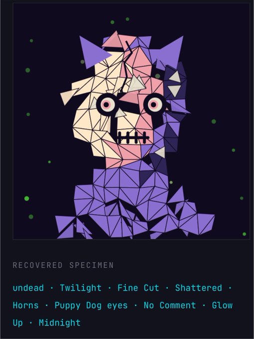 A geometric, low-poly style digital portrait of a purple horned creature with stitched mouth and button eyes, labeled "RECOVERED SPECIMEN" with traits including "undead, Twilight, Fine Cut, Shattered, Horns, Puppy Dog eyes, No Comment, Glow Up, Midnight"—aligning with the LSA (Late Stage Archetypes) NFT collection's trait-driven PFP design.