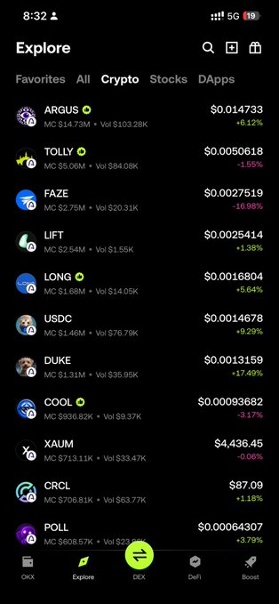 A mobile app screenshot showing a crypto 'Explore' tab with a list of tokens like ARGUS, TOLLY, FAZE, LIFT, and LONG, displaying their prices and market cap data.