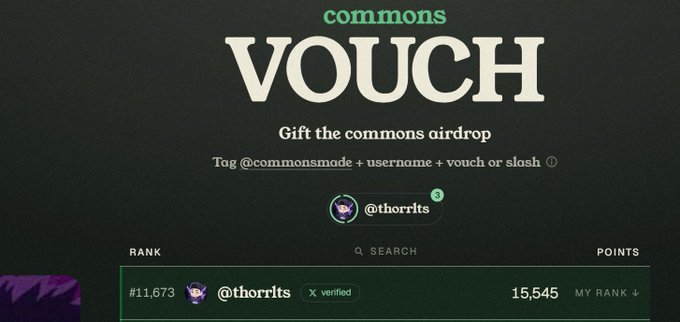 A screenshot of a 'commons VOUCH' airdrop page showing user @thorrlts with 15,545 points ranked #11,673.