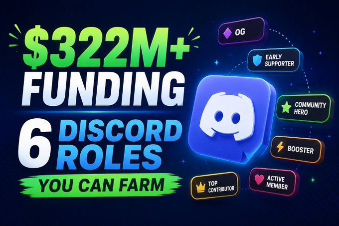 The image is a promotional graphic announcing "$322M+ FUNDING" and "6 DISCORD ROLES YOU CAN FARM," featuring the Discord logo alongside role badges including OG, Early Supporter, Community Hero, Booster, Top Contributor, and Active Member. It visually reinforces the post's message about six crypto projects with combined funding exceeding $322 million and active Discord farming opportunities.