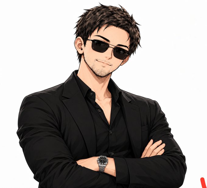 Anime-style illustration of a man with brown hair and stubble wearing sunglasses, a black shirt and black blazer, with arms crossed and a wristwatch visible.