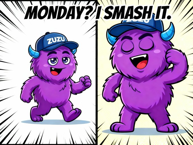 A two-panel cartoon meme featuring a purple monster wearing a 'ZUZU' cap with the text 'MONDAY? I SMASH IT.' showing the monster looking determined and then cheering.