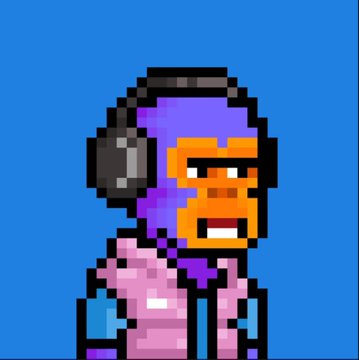 A pixel art style image shows a character with orange skin, purple hair, headphones, and a pink outfit against a blue background.