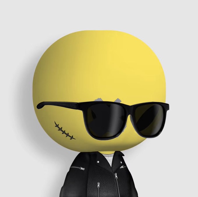 A 3D cartoon character with a large yellow spherical head, black sunglasses, a scar on its cheek, and small horns, wearing a black leather jacket.