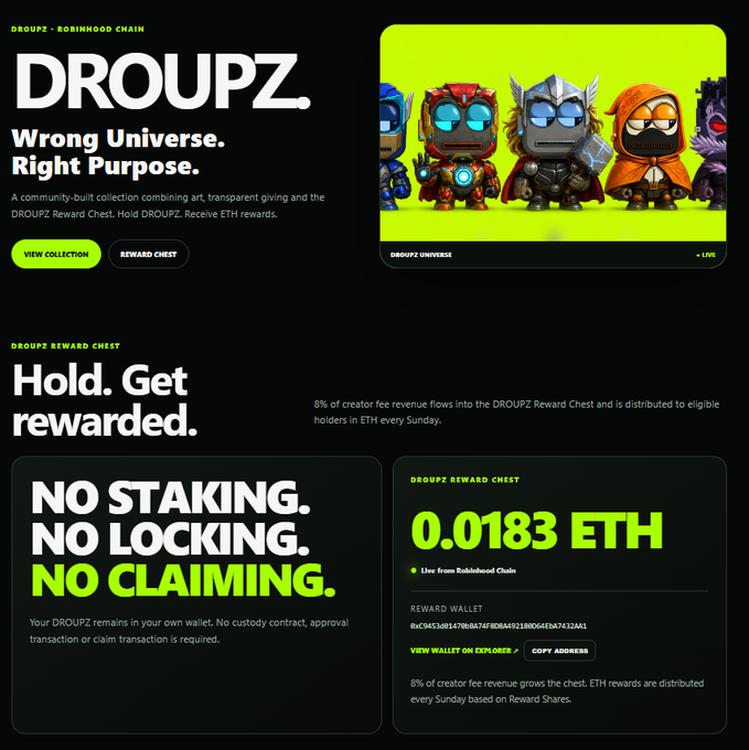 A website screenshot for "DROUPZ - ROBINHOOD CHAIN" with the tagline "Wrong Universe. Right Purpose," showing NFT characters and a Reward Chest holding 0.0183 ETH, emphasizing "NO STAKING. NO LOCKING. NO CLAIMING."
