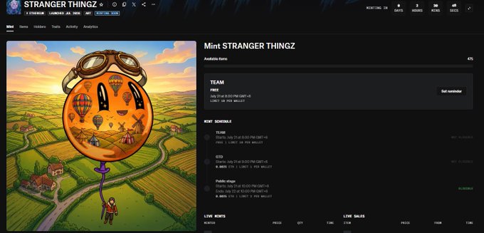 A dark-themed "STRANGER THINGZ" NFT minting interface displays a surreal illustration of a giant gumball-machine-like sphere filled with windmills, hot air balloons, and tiny figures floating over pastoral countryside scenery, with visible wallet options including "TEAM" (70 STR (0.00 ETH)), "GTD," and "Public stage" on the right side. The image visually supports the post's "this or that" prompt by showcasing two distinct minting choices, each corresponding to the stage-based mint schedule shown in the interface.