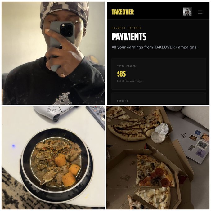 A monthly dump showing a mirror selfie, a bowl of home-cooked meal, leftover pizza boxes, and a TAKEOVER payment dashboard totaling $85 lifetime earnings — reflecting a slower September where side earnings took a backseat to school.