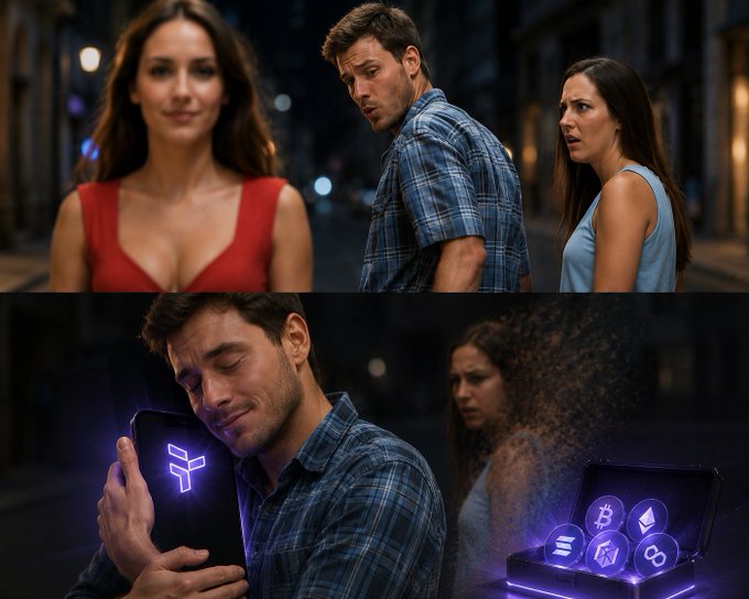 The image features a man holding a cell phone with a blue screen that has a purple light coming from it. The man appears to be looking at his phone while standing next to another person who seems to be looking away or not paying attention. There is also a woman in the scene, and she looks upset as well. The background of the image shows an urban setting with buildings visible behind them.