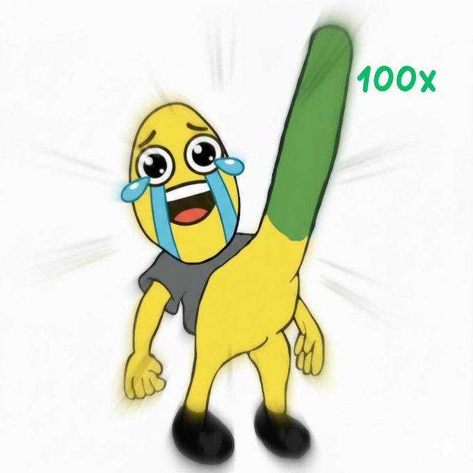 A crying cartoon character with an exaggerated green arm pointing straight up, with the text '100x' next to the raised hand.