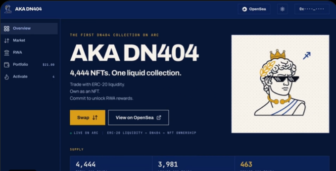 A webpage screenshot for 'AKA DN404' described as 'THE FIRST DN404 COLLECTION ON ARC' featuring 4,444 NFTs as 'One liquid collection,' with options to Swap or View on OpenSea, and a logo showing a Greek-style statue wearing sunglasses and a crown.