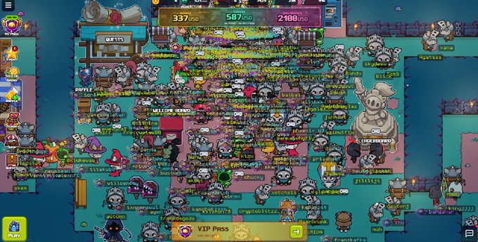 A crowded pixel-art game scene filled with numerous character sprites and usernames, likely from a social platform like Tipcoin, with currency counters at the top showing '337/150', '587/150', and '2,100/150'.