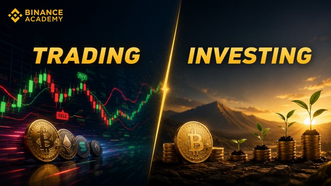 A Binance Academy graphic splitting the screen between 'TRADING' (left, showing crypto candlestick charts with buy/sell signals and coins) and 'INVESTING' (right, depicting a Bitcoin coin with growing plants and a sunrise landscape).