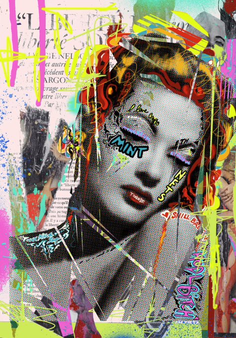 A vibrant mixed-media pop art collage portrait of a woman with halftone patterns, neon paint splatters, and text including 'MINT' and 'HABIBI'.