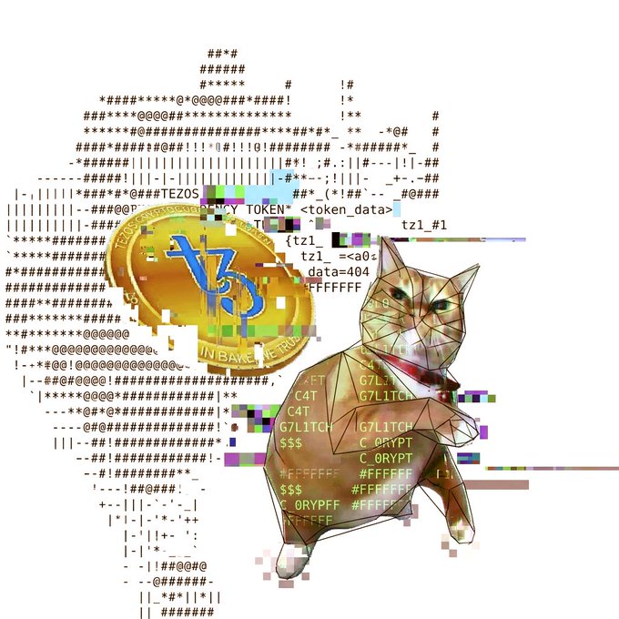 A digital art composition featuring ASCII text in the background, a golden Tezos (XTZ) cryptocurrency coin, and a polygonal/geometric 3D-rendered cat with text overlays including 'TEZOS', 'TOKEN', 'tz1_#1', 'tz1_=<a0>', and 'data=404'.