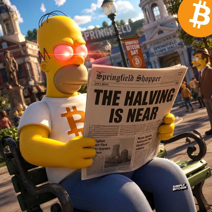 An AI-generated image of Homer Simpson wearing a Bitcoin t-shirt and glowing red glasses, reading 'THE HALVING IS NEAR' from the 'Springfield Shopper' newspaper, with a Bitcoin logo and 'SIMPLY BITCOIN' watermark.
