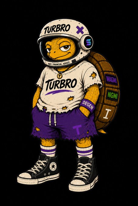 A cartoon turtle mascot wearing a "TURBRO" helmet and t-shirt stands confidently in purple shorts and Converse sneakers, with its shell patched with stickers reading "WAGMI," "NGMI," and "I," along with a "DEGEN" wristband and "NOT FINANCIAL ADVICE" helmet label.

The image ties into the post by visually embodying the resilient, community-driven spirit of the Turbro project—showcasing its degen culture and unshakable "WAGMI" conviction that persists beyond market hype.