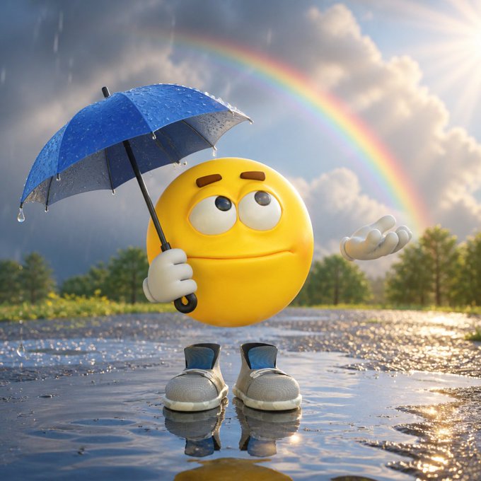A 3D-rendered yellow emoji character holding a blue umbrella stands in a puddle wearing sneakers, with a rainbow and rain visible in the sky behind it.