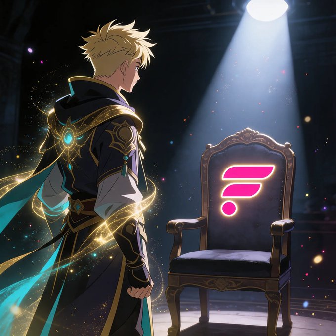 An anime-style illustration of a blonde character in ornate dark and teal robes standing before a spotlight shining down on an empty throne that displays a glowing pink Solana logo.