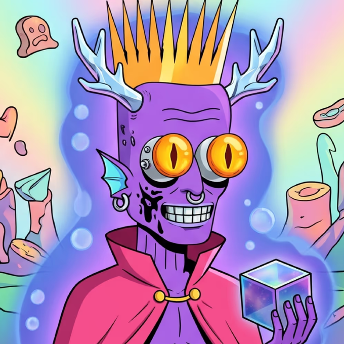 A vibrant cartoon illustration of a purple-skinned character with large orange eyes, white antlers, a yellow spiked crown, and a nose ring, holding a glowing cube amidst colorful bubble-like surroundings.