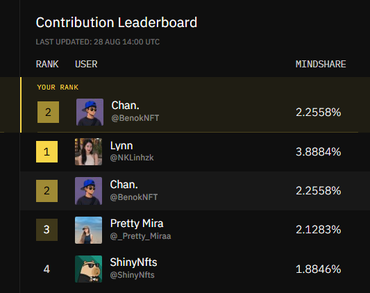 The image shows a Contribution Leaderboard (last updated 28 Aug 14:00 UTC) where "Your Rank" is highlighted as #2 with user Chan. (@BenokNFT) holding a 2.2558% mindshare, just behind Lynn (@NKLinhzk) at #1 with 3.8884%, followed by Chan. again at #2, Pretty Mira (@_Pretty_Miraa) at #3 with 2.1283%, and ShinyNfts (@ShinyNfts) at #4 with 1.8846%. The image visually celebrates the poster's achievement of reaching the top 2 on the Iron Allies leaderboard, reinforcing their message about earning $IRON rewards through top 500 contributions.