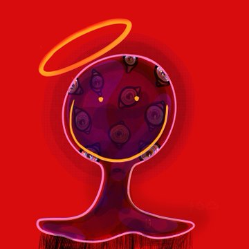 A stylized digital artwork on a bright red background depicting a dark spherical figure with a glowing yellow halo and smiling face, surrounded by swirls.