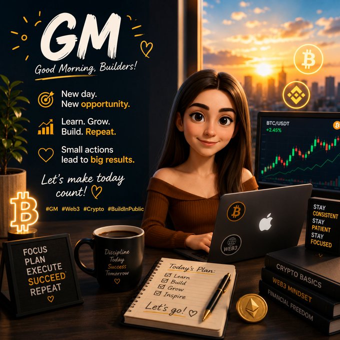 A motivational 'GM - Good Morning, Builders!' crypto-themed graphic featuring an anime-style woman working on a laptop, with slogans like 'Small actions lead to big results' and hashtags #GM, #Web3, #Crypto, #BuildInPublic.