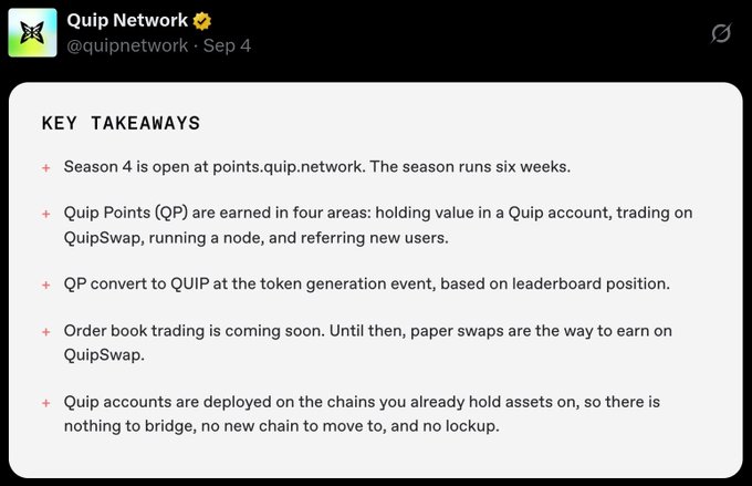 A social media post from 'Quip Network' (@quipnetwork) dated Sep 4, listing key takeaways about 'Season 4' including information about Quip Points (QP), QuipSwap trading, and token conversion to QUIP.