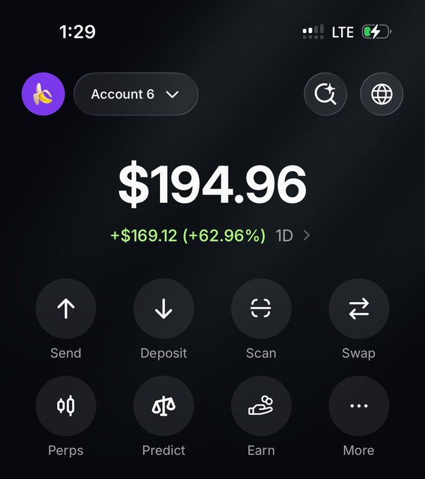 A mobile screenshot displays a crypto wallet app on an iPhone (1:29, LTE, charging) showing "Account 6" with a current balance of $194.96, highlighted by a 1-day gain of +$169.12 (+62.96%), tying directly to the post's narrative of a token climbing "from $9 to this" impressive portfolio value.