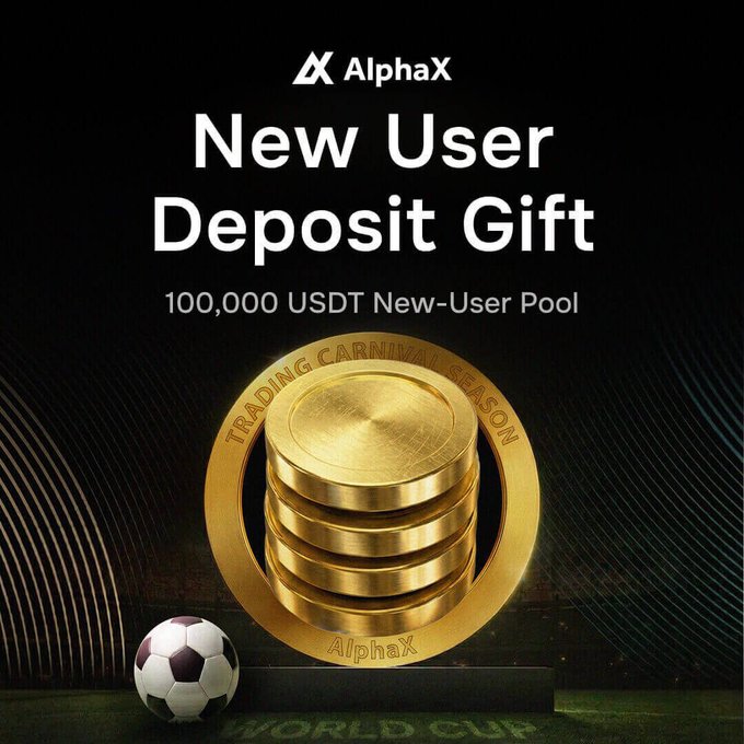 A promotional graphic for AlphaX exchange featuring the text 'New User Deposit Gift' and '100,000 USDT New-User Pool' alongside gold coins and a soccer ball for their 'Trading Carnival Season'.