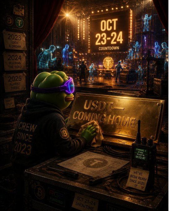 An elaborate image showing a Pepe frog with purple goggles cleaning a gold plaque reading 'USDT COMING HOME' with 'OCT 23-24 COUNTDOWN' displayed above, set in a theatrical backstage setting.